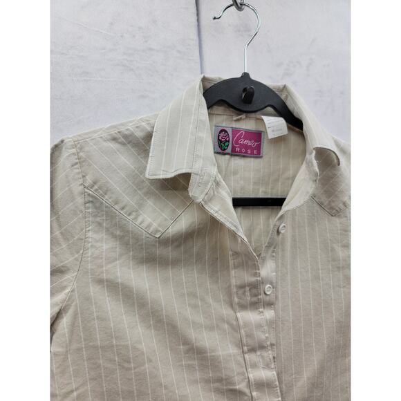 Cameo Rose Tan with white striped long sleeve button down top, size 9/10 - Picture 4 of 12